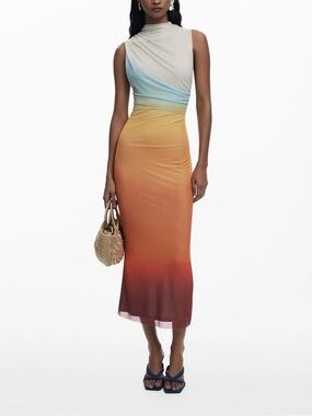 Desigual Ombre Maxi Dress M One Shoulder Sunset Wedding Guest Glam Mango Orange